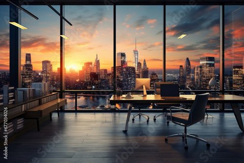 Modern office with a view of the city, a place of work at sunest time photo