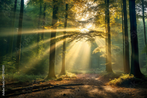 A misty forest with sunbeams in the morning