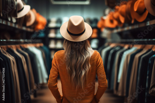 A young woman with a hat in a clothes store, view from behind photo