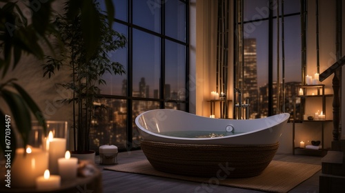 A serene spa bathroom with a Japanese soaking tub  bamboo accessories  and soft candlelight for a luxurious and calming experience.