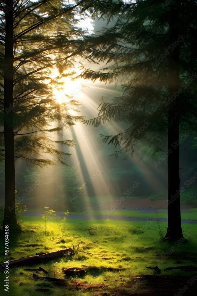 good morning fall - tranquil foggy forest scene, morning sunlight penetrates the forest trees