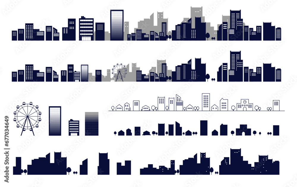 Fototapeta premium シンプルな夜の街並みのシルエットイラストのセット 背景イラスト 都市景観