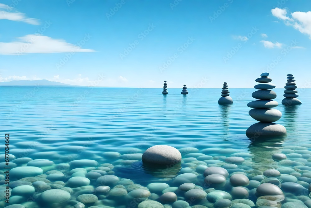 Concept of meditation with a row of stones in calm water in a vast ocean - 3D illustration