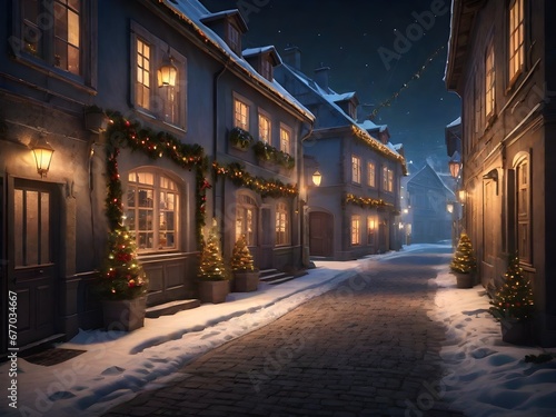Street in a Christmas night in an old European town. Generative AI