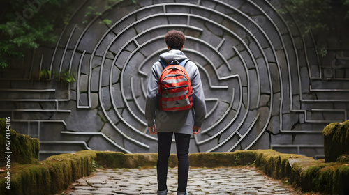 Young man facing a surreal complicated labyrinth ahead of him, concept of a life path