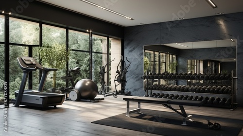 A sleek home gym with mirrored walls, high-tech exercise equipment, and a motivational wall displaying fitness quotes. © MuhammadHamza