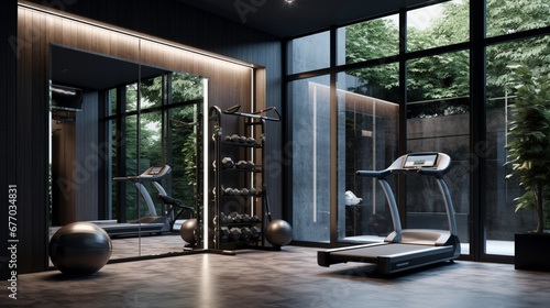 A sleek home gym with mirrored walls, high-tech exercise equipment, and a motivational wall displaying fitness quotes.  © MuhammadHamza