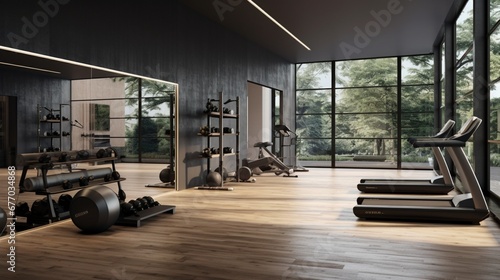 A sleek home gym with mirrored walls, high-tech exercise equipment, and a motivational wall displaying fitness quotes. © MuhammadHamza