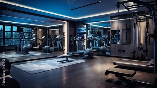 A sleek home gym with mirrored walls, high-tech exercise equipment, and a motivational wall displaying fitness quotes.