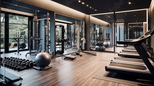 A sleek home gym with mirrored walls, high-tech exercise equipment, and a motivational wall displaying fitness quotes. --ar 16:9 --v 5.2 - Image #2 @sajawal photo