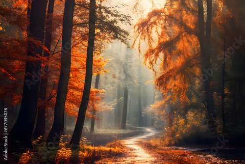good morning fall - autumn forest scene with morning sunlight filtering through the trees 
