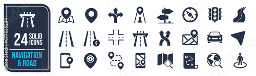 Navigation and road solid icons collection. Containing map, route, road sign, highway etc icons. For website marketing design, logo, app, template, ui, etc. Vector illustration. photo