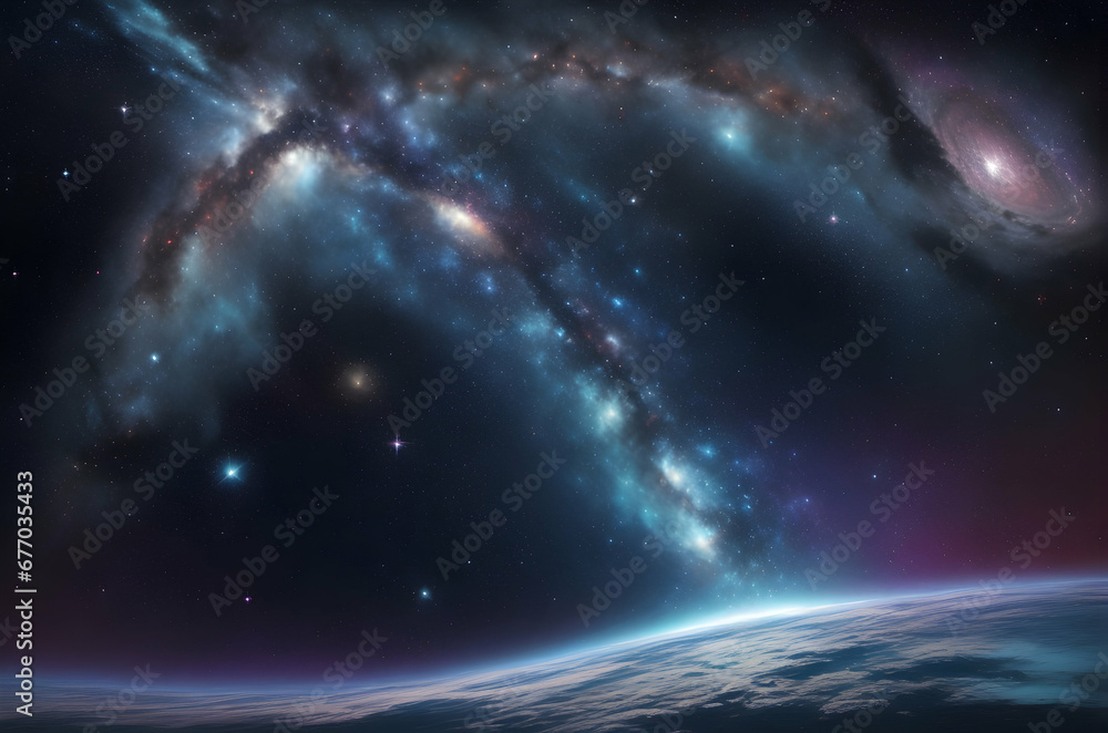 Obraz premium Craft a cosmic narrative inspired by an image of a distant galaxy, where swirling nebulae paint the vast expanse with hues unseen. Explore the interstellar ballet of stars, capturing the essence 