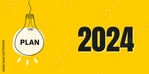 Light bulb illuminates the 2024 New Year's plan. 2024 Annual Plan Ideas. Business creativity. New ideas. Discovery. Innovation. Technology.