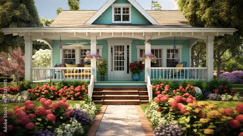 A suburban cottage with a colorful front door, flower-lined walkway, and a cozy porch swing for a welcoming and cheerful exterior.  - obrazy, fototapety, plakaty 