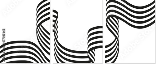 Set of templates for banner, cover, poster, postcard. Abstract black and white stripes of smooth curved ribbon isolated on white background. Optical 3D art