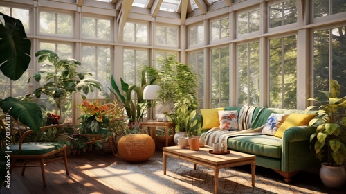 A sunlit conservatory with large windows, potted plants, and cozy seating, creating a perfect spot to enjoy nature indoors