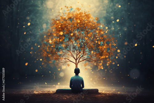 Explore mental well-being through art meditating figure, abstract tree emerging, leaves symbolizing mindful thoughts. Visualization of self-reflection and mindfulness for a serene mind. photo