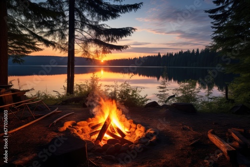 Camp fire with beautiful Canadian nature landscape. Generative AI © kardaska