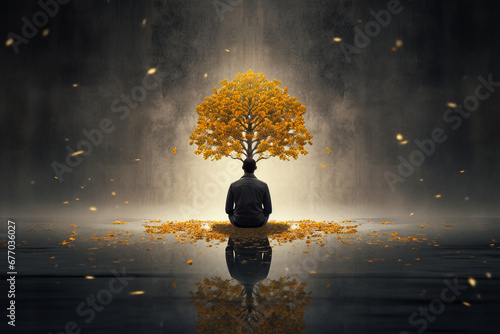 Journey to mental well-being. A person in deep meditation, an abstract tree sprouting from their mind, each leaf symbolizing a mindful thought. Explore the transformative power of self-reflection.