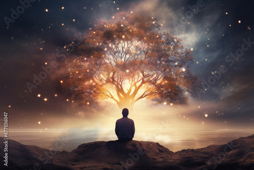 Capture the essence of self-discovery and mental well-being a person meditating, an abstract tree blossoming, each leaf embodying a mindful thought. Artistic visualization of mindfulness.