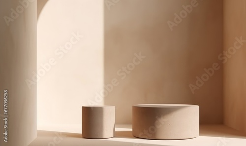 Two matte round, cylinder brown clay podium in different level in arch sunlight, shadow from window on beige wall background for luxury cosmetic, skin care, beauty treatment product, Generative AI photo