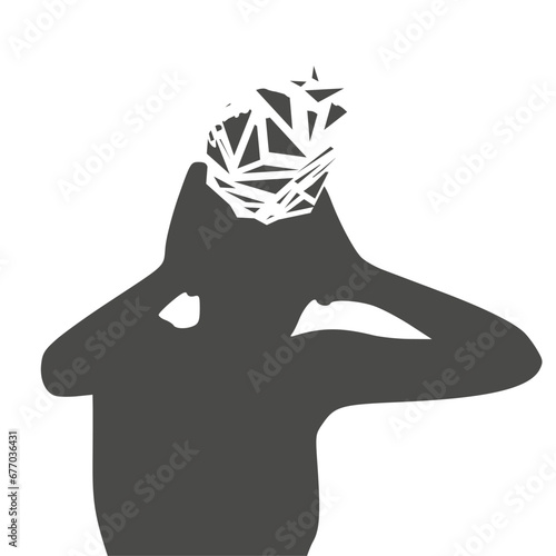 Unhappy woman hug her head, thinking about problems. Brain damage, cognitive disfunction. Alzheimer's disease. Illustration of a woman with brain broken into pieces.