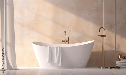 White ceramic bathtub, gold shower head, blowing sheer curtain, towel rack stand in sunlight on beige brown stucco texture wall, marble floor for luxury, modern interior, toiletries, Generative AI photo