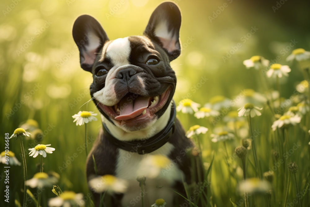 cheerful dog on green grass. generative ai.