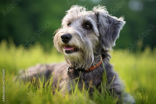 cheerful dog on green grass. generative ai.