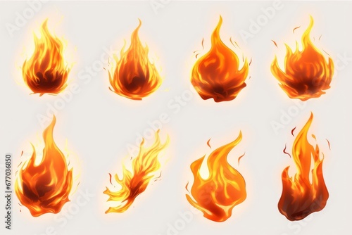 Set of fire flames elements on white background, Generative AI