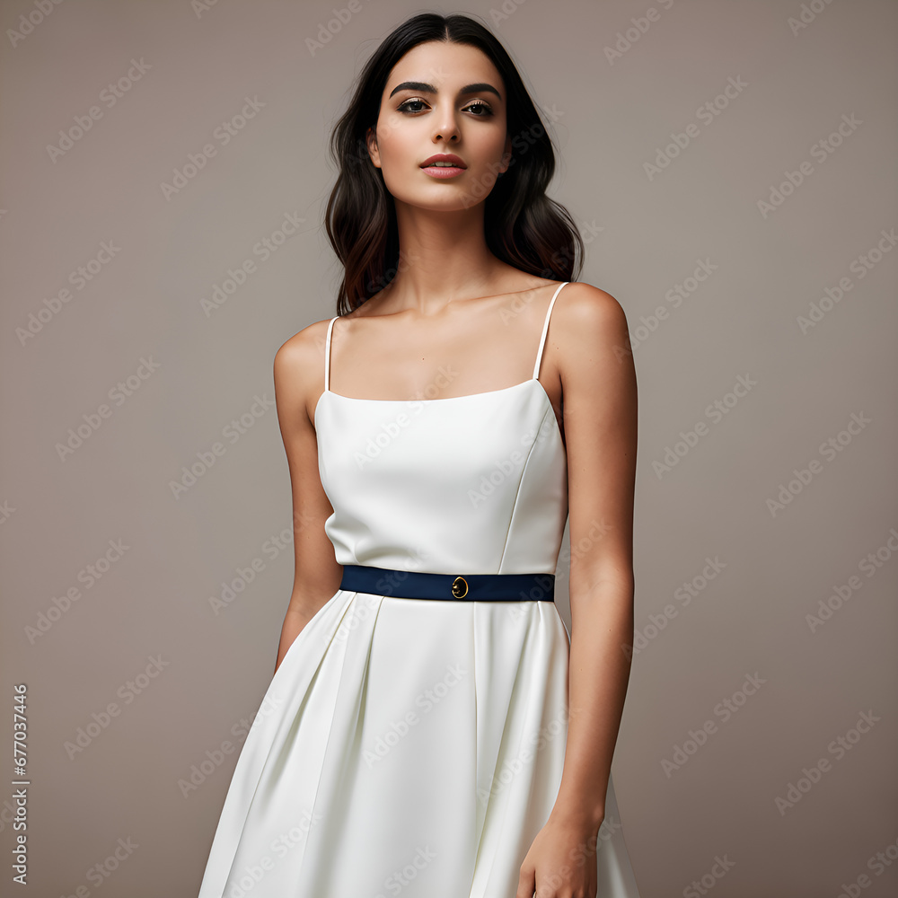 Woman in white dress with black belt Woman in white dress with black belt