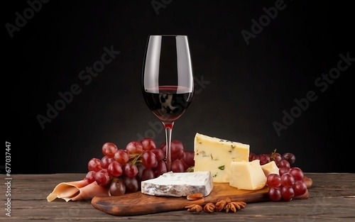 wine still life with grapes, rosemary, prosciutto, blue cheese, figs, bread. photo