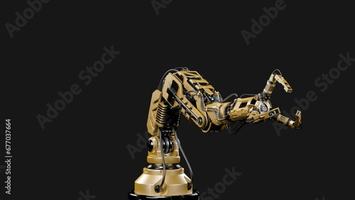 Robotic arm or yellow mechanical hand computing different movements. Industrial robot manipulator showcase. Futuristic technology. Isolated on dark background with alpha. 3d rendering animation