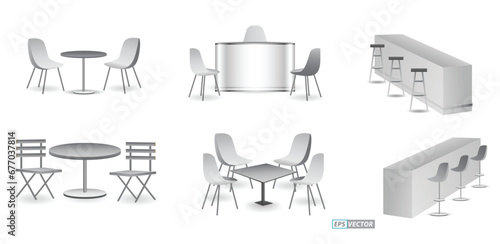 set of realistic trade exhibition chair and table or white blank exhibition kiosk or stand booth corporate commercial. 3D Render