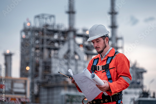 Engineer survey team wear uniform and helmet stand workplace checking blueprint project , radio communication and engineer box inspection work construction site with oil refinery background.