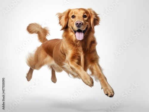 Whole golden retriever dog jumping with white background