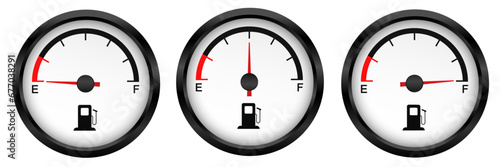 Set of Fuel gauge. low middle and a full tank. Round white car dashboard 3d. Fuel Indicator and Sensor. Vector illustration isolated on white background.