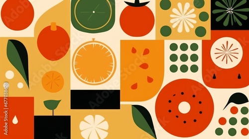 Organic fruit vegetable geometric pattern. Natural food background simple swiss bauhaus style, agriculture design, Generative AI