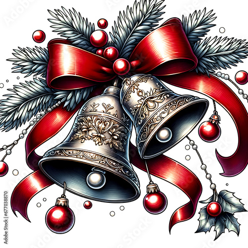 Illustration of two silver Christmas bells with red ribbons and holly berries. Perfect for Christmas cards, invitations or holiday decorations.