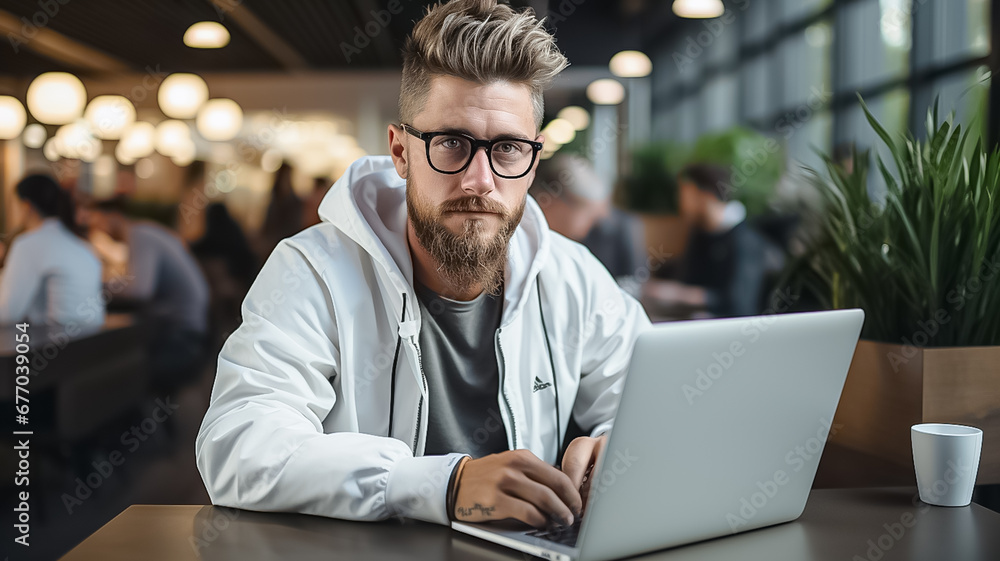 The man working on laptop, A man freelancer or student with computer in cafe at table, Generative AI The man working on laptop, A man freelancer or student with computer in cafe at table, Generative AI