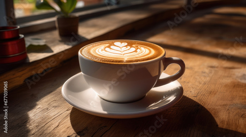 cup of cappuccino coffee with latte art in white glass on wooden table in cafe created with Generative AI Technology