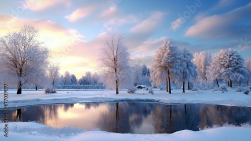 Winter's Blanket: Trees Draped in Snowfall, a Frozen Lake, and the Tranquil Evening Landscape