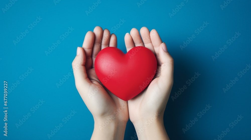 hands hold a red heart on a blue background