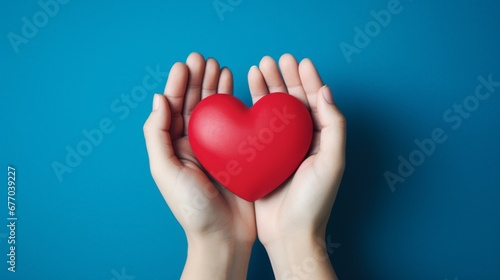 hands hold a red heart on a blue background