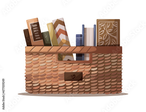 Basket with book. Bookstore, bookshop, book lover, reading, interior concept. Isolated Vector illustration.