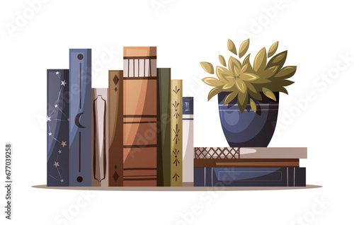 Stack of books and potted plant. Bookstore, bookshop, book lover, reading, interior concept. Isolated Isolated Vector illustration.