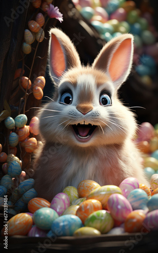 An overjoyed bunny surrounded by a kaleidoscope of Easter eggs in a lush springtime den.