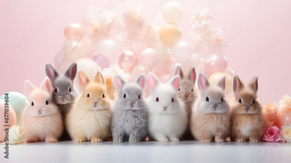 A charming array of bunnies against a backdrop of balloons and soft Easter hues.