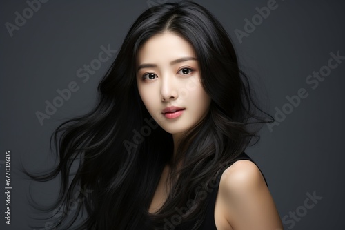 Asian girl hair product model with black hair in gray background